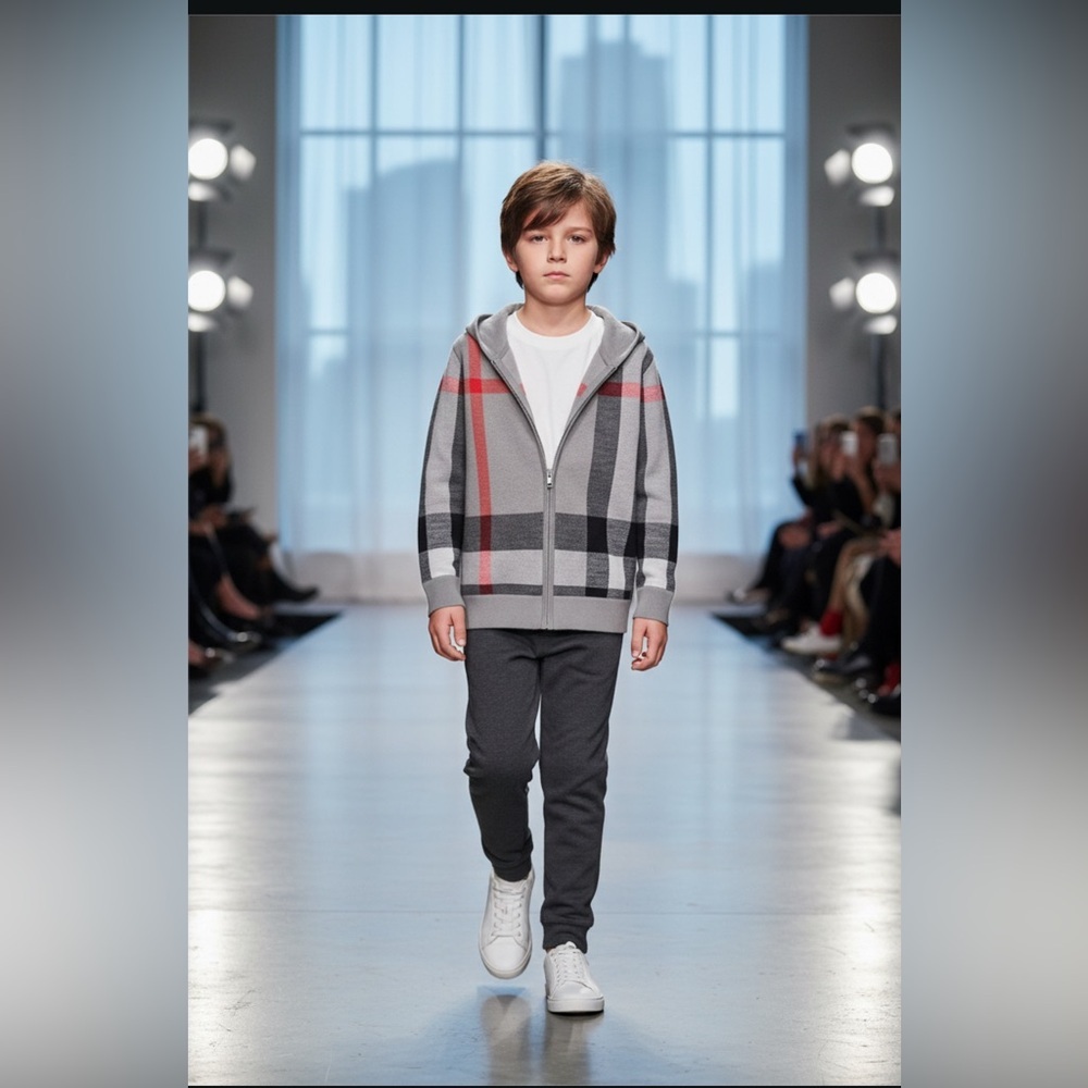 NWT - Burberry Check Knit Zip-Up Hoodie